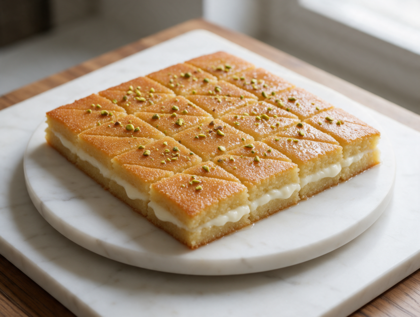 Overhead shot of golden madlouka squares on a marble platter, cream center visible, crushed pistachios and syrup sheen.