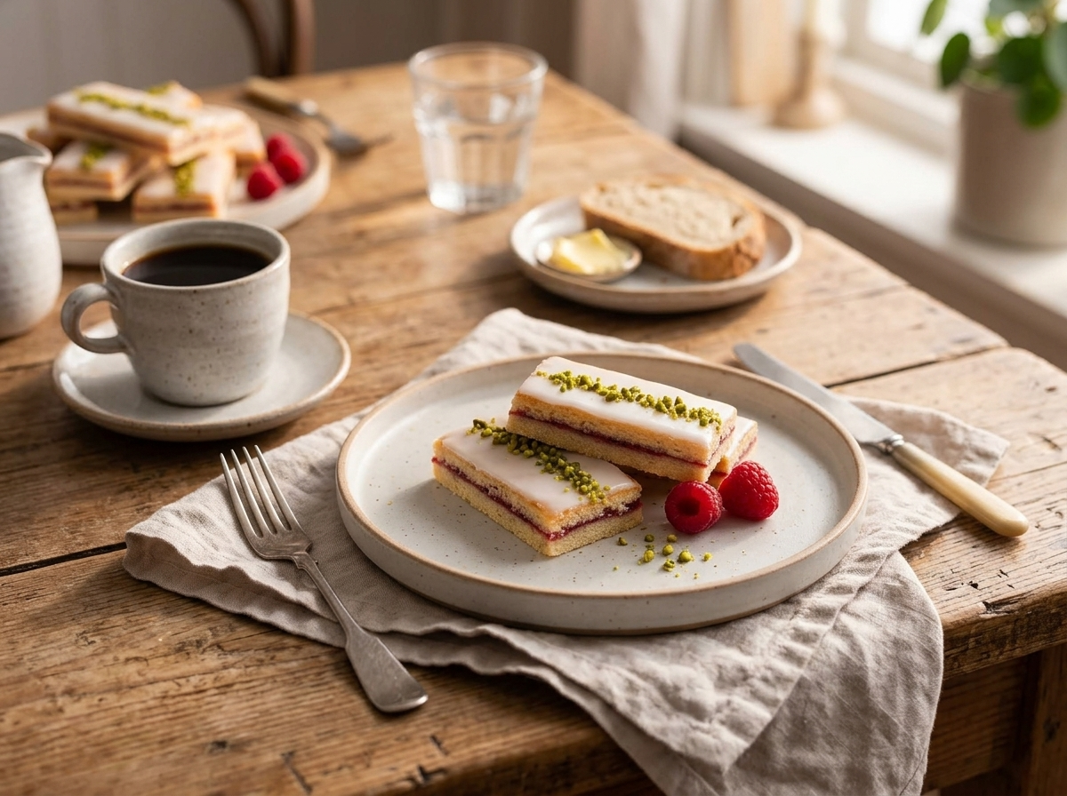 Plate of hindbaersnitter bars beside a cup of black coffee on a linen-covered table in morning light