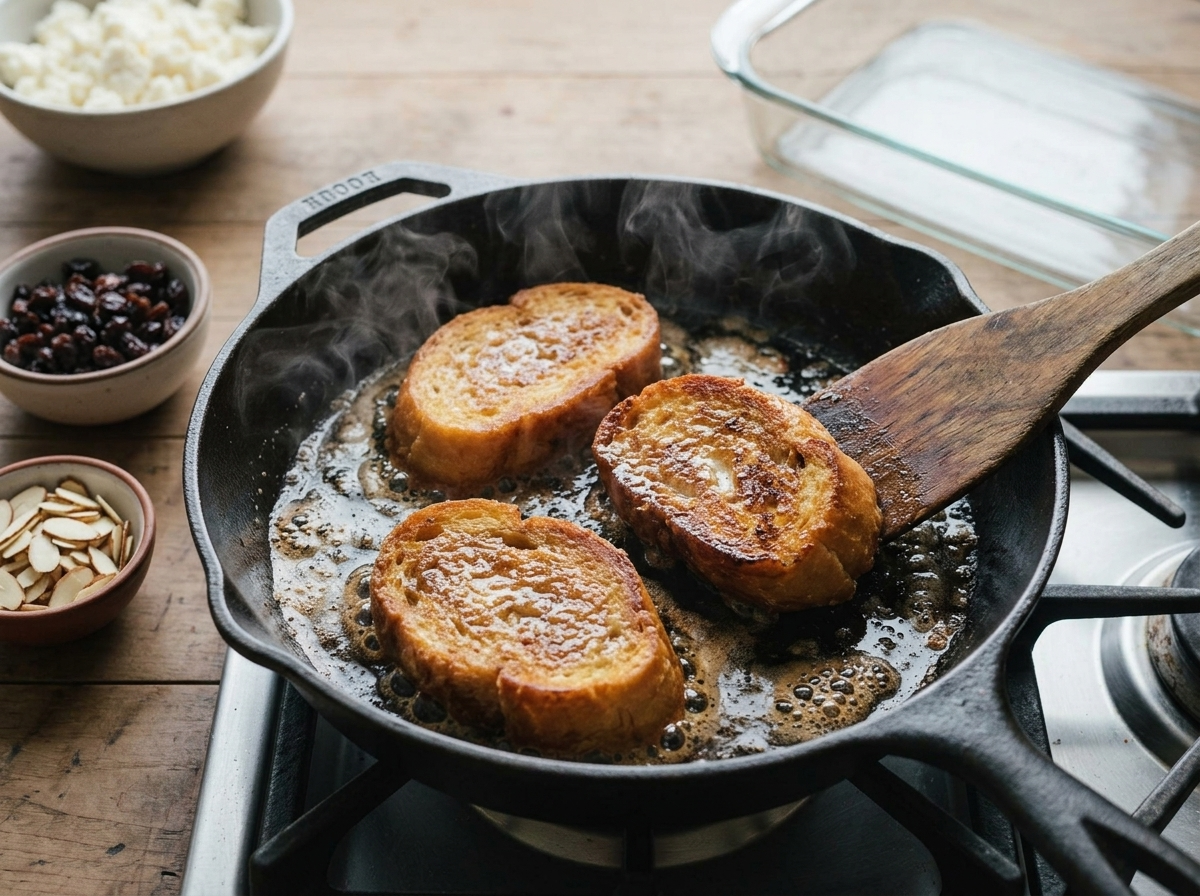 Bread slices frying golden in a butter skillet, steam rising as a wooden spatula turns one piece to crisp the edge
