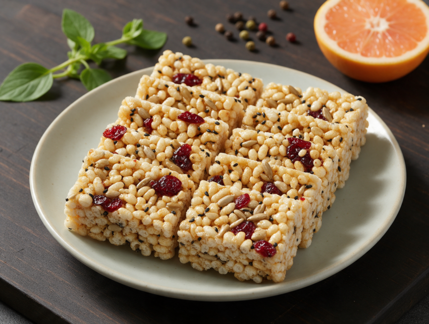 Overhead shot of golden gangjeong bars studded with sunflower seeds and cranberries, stacked on a dark wooden board.