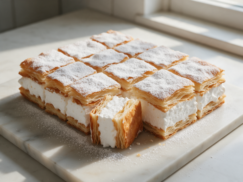 Overhead view of powdered-sugar-dusted sampita squares showing crisp pastry layers around a thick meringue center.
