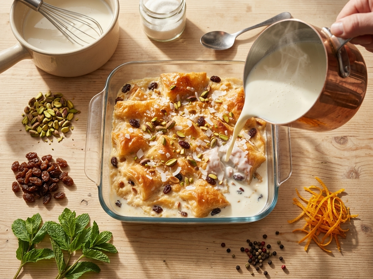 Warm milk and cream poured over torn puff pastry pieces layered with raisins and nuts in a glass baking dish.