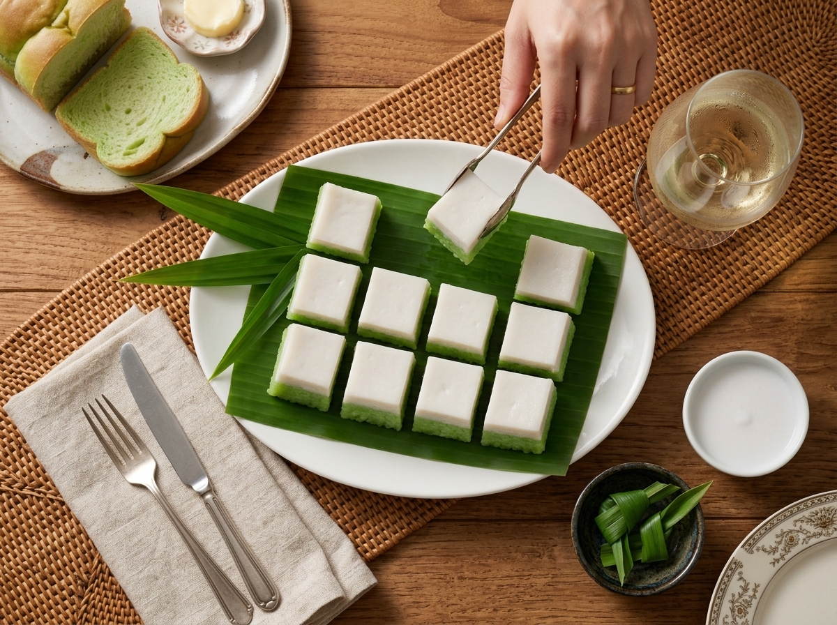 A hand reaching for a square of kuih talam on a small plate beside a cup of kopi on a rattan tray.