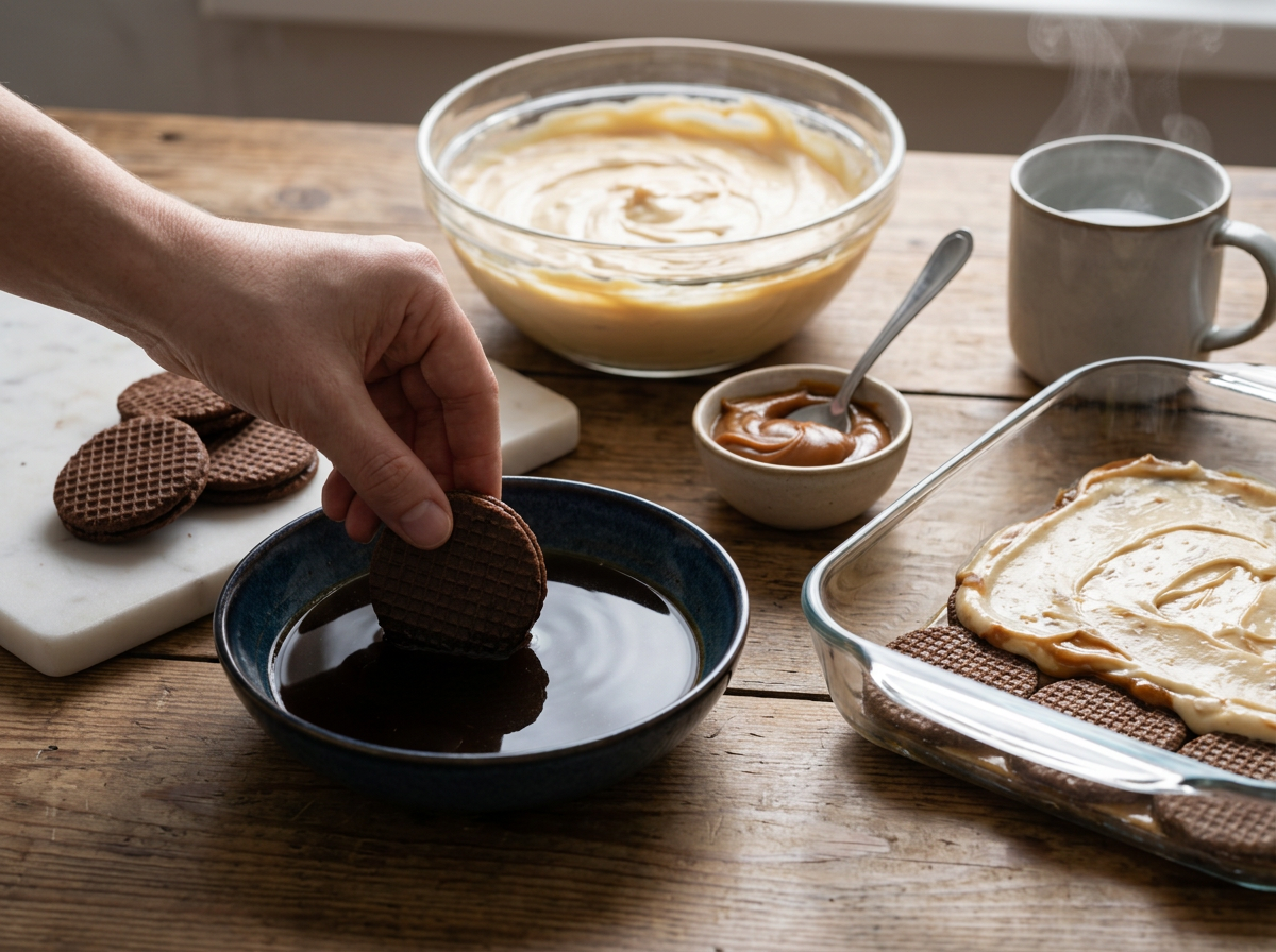 Hand dipping a chocolate cookie into a shallow bowl of coffee before layering it into a glass baking dish on a wooden counter.