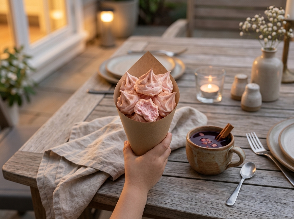 A child holding a paper cone of Ecuadorian espumillas beside a mug of colada morada on a patio table