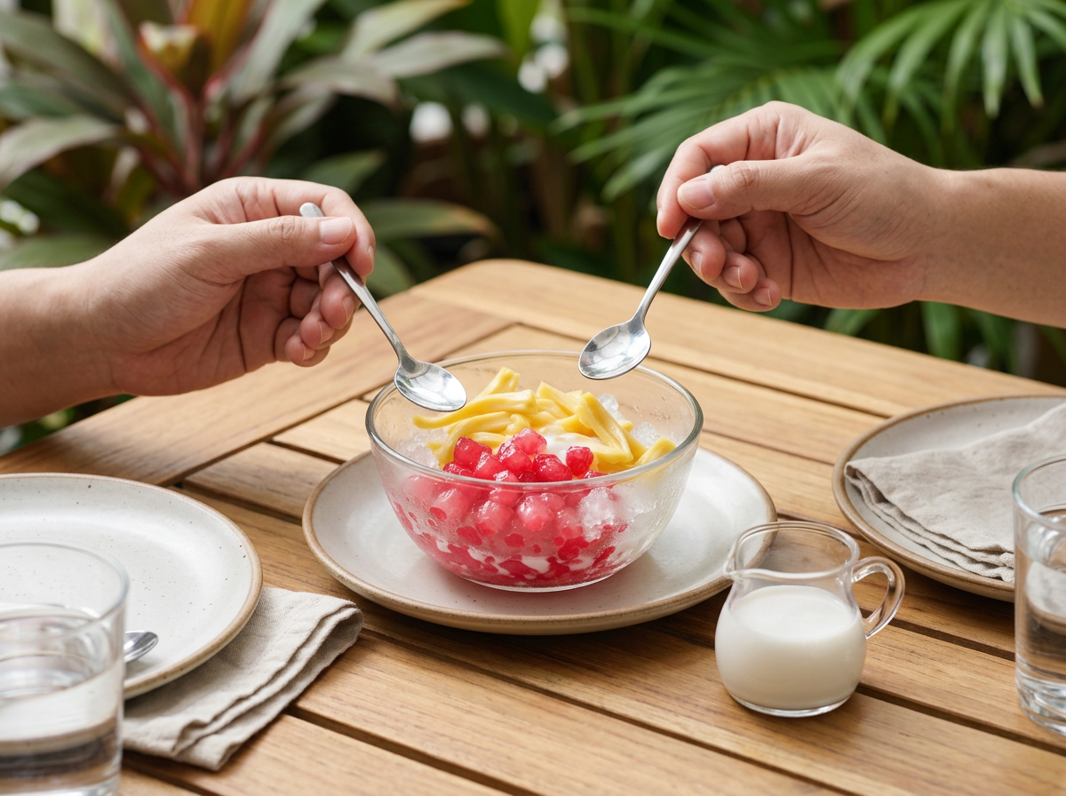 Two people sharing a chilled bowl of tub tim grob at an outdoor table with a small pitcher of coconut milk nearby