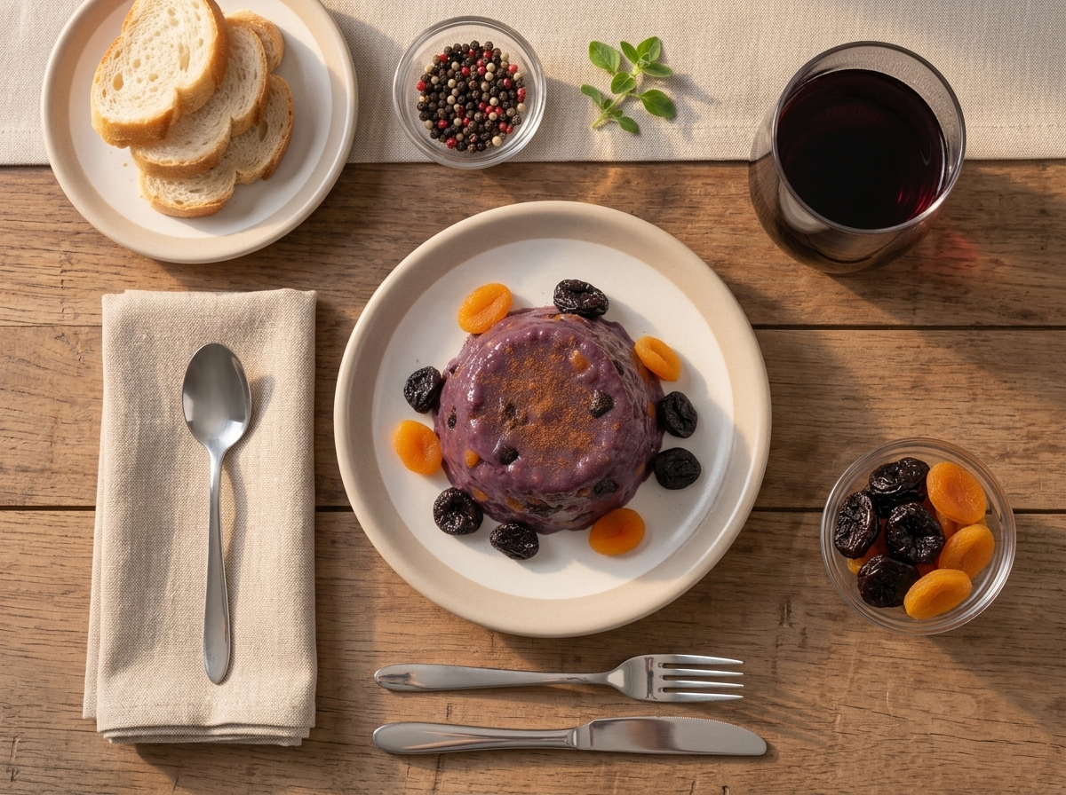 Two glass cups of chilled mazamorra morada on a linen napkin beside a spoon at a sunlit table setting.