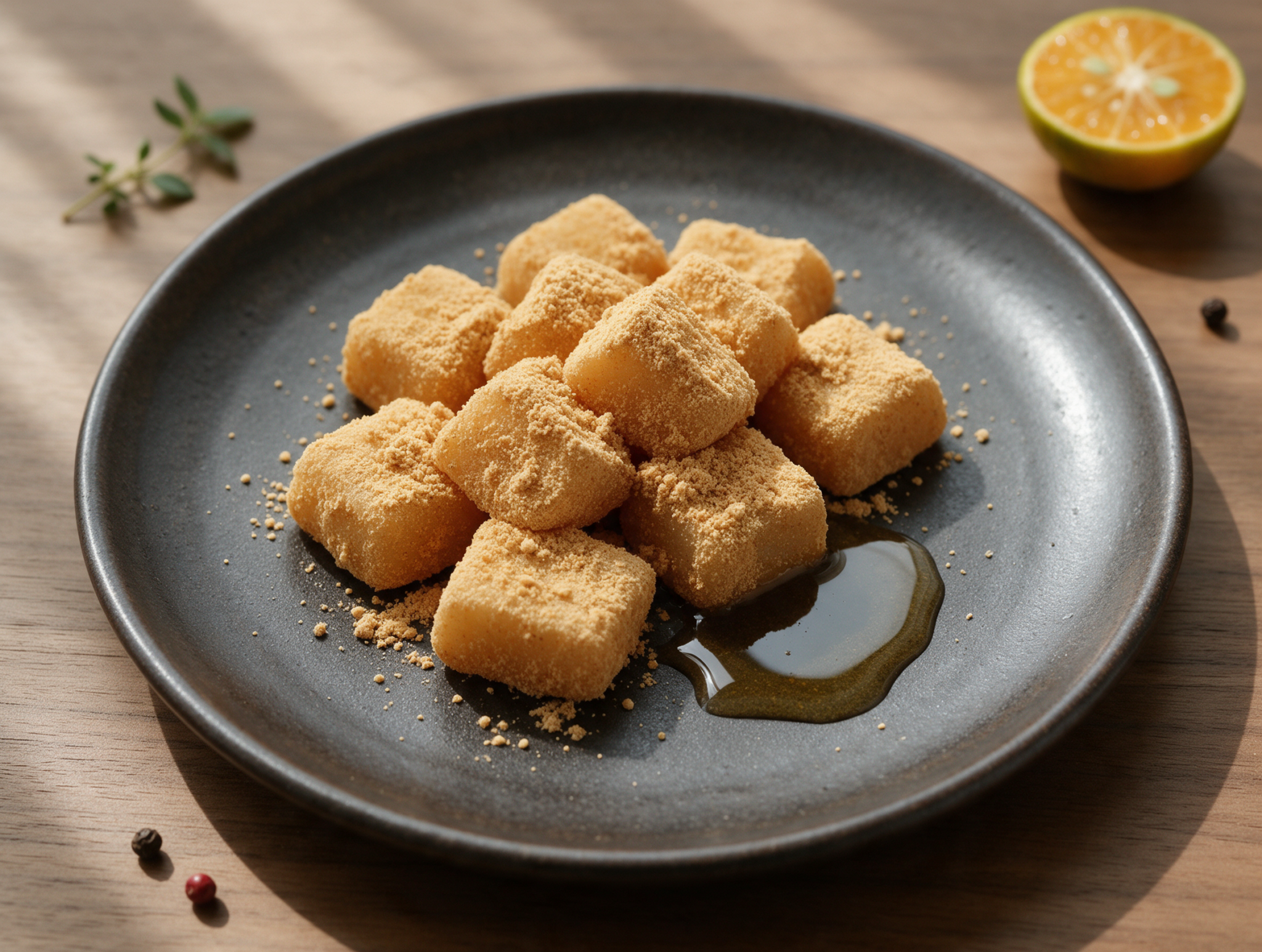 Overhead shot of chewy injeolmi cubes dusted in golden soybean powder, piled on a dark ceramic plate with honey drizzle