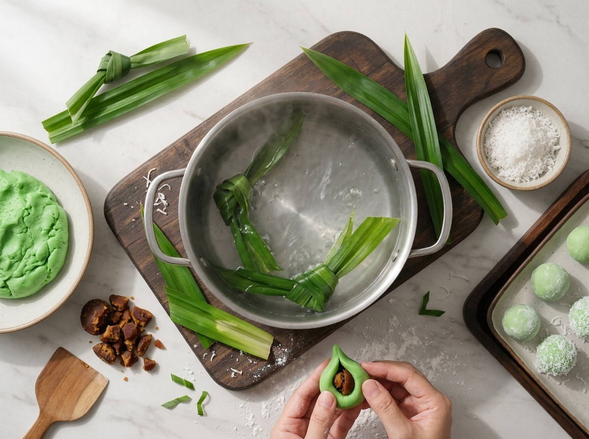 Hands pinching the seam of a pandan dough ball stuffed with chopped gula melaka on a floured counter, pot steaming behind.