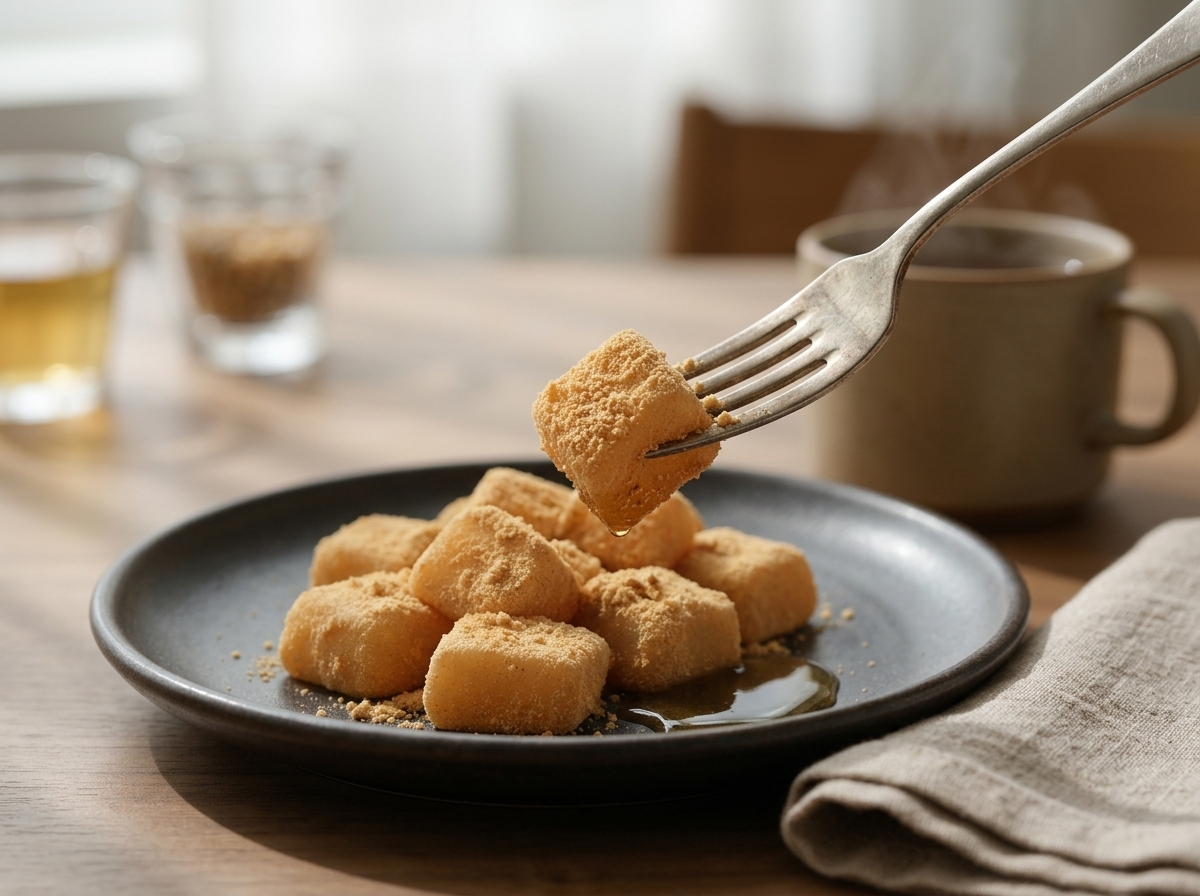 A low wooden table set with a plate of injeolmi rice cakes, hot barley tea, and a linen napkin nearby