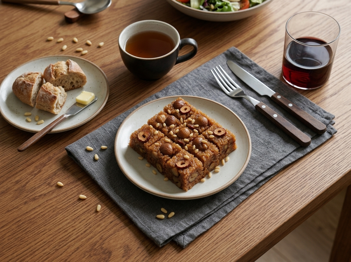 Small plate of yakbap squares beside a cup of roasted barley tea on a linen napkin in warm afternoon light