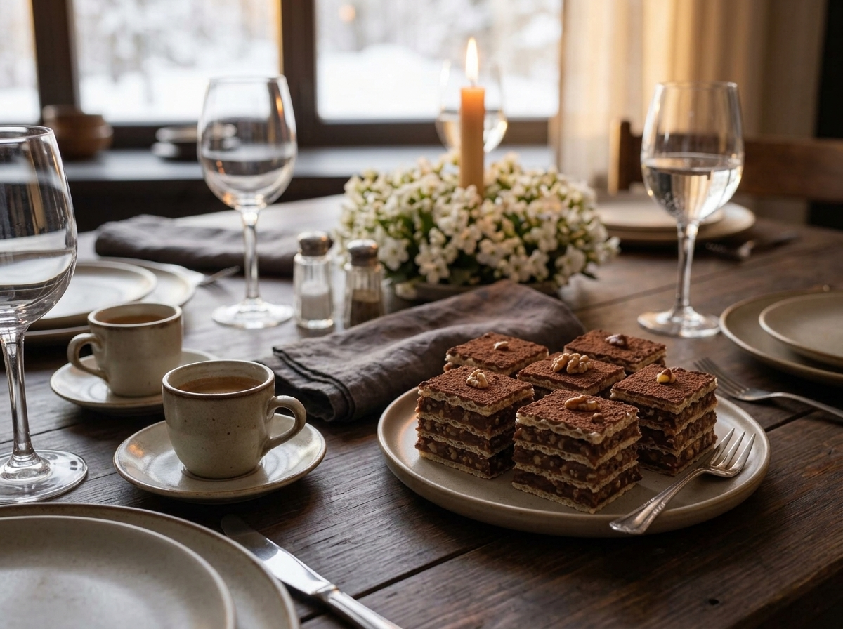 Small plate of oblatne wafer squares next to espresso cups on a linen tablecloth, holiday candles glowing softly.