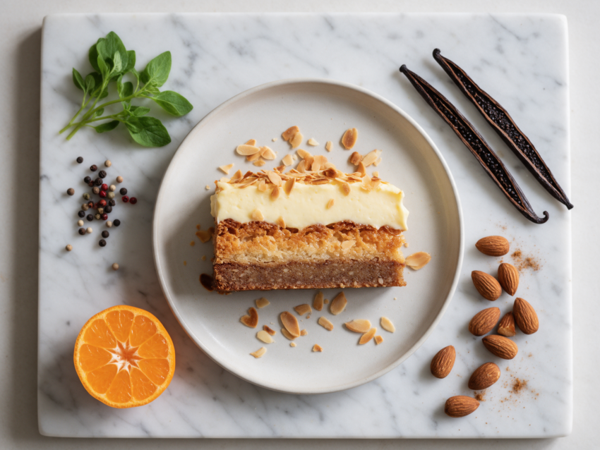 Overhead view of sliced suksessterte on a marble board showing almond meringue layer and thick vanilla custard cream with toasted almonds.
