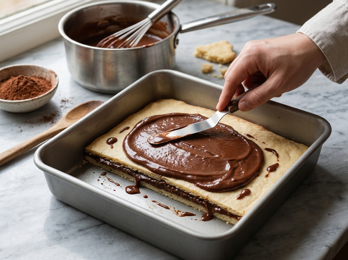 Hand spreading glossy chocolate custard over a thin baked dough round with an offset spatula on a marble counter