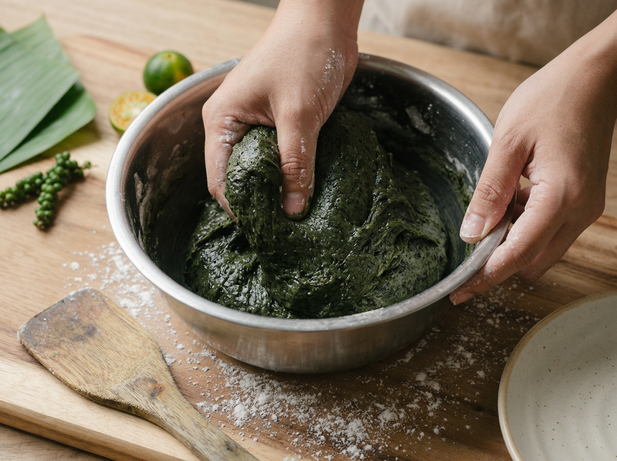 Hands kneading dark lá gai rice dough in a metal bowl next to a bowl of glutinous rice flour