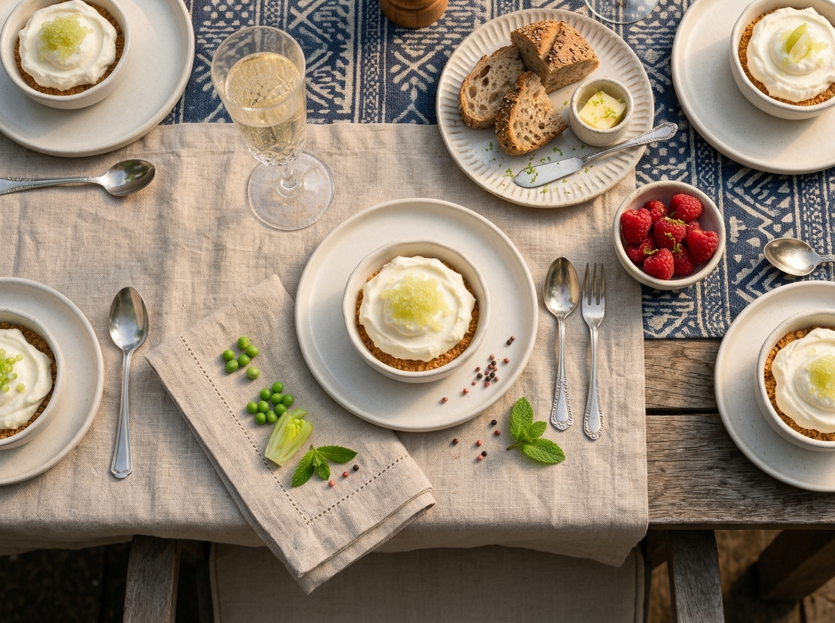 Friends sharing dessert glasses at an outdoor table with prosecco flutes, linen napkins and a bowl of raspberries