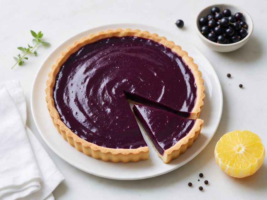Whole black currant curd tart with glossy deep purple filling in a golden shortbread crust on a marble board