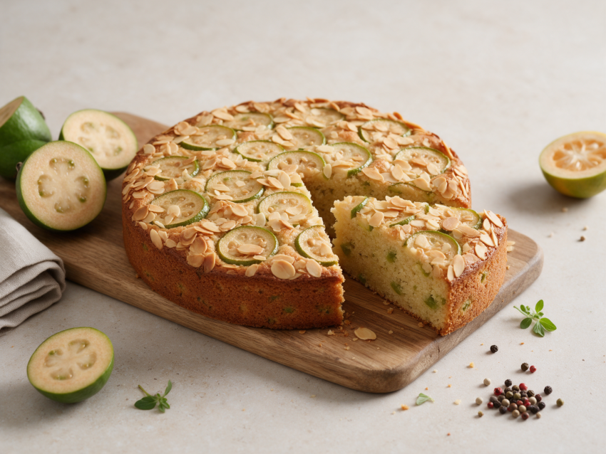 Whole feijoa almond cake on a wooden board, topped with feijoa slices and toasted flaked almonds