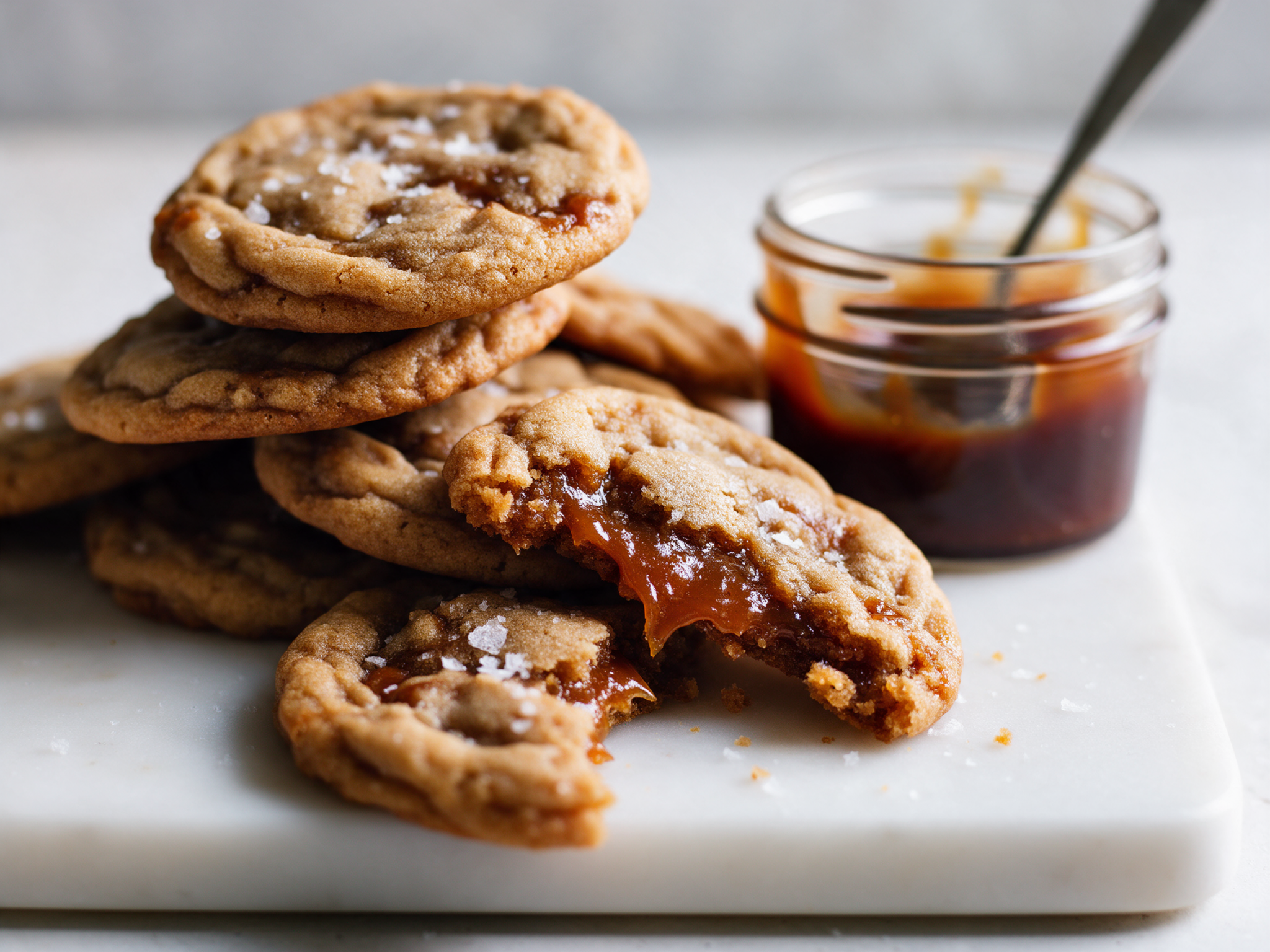 Stack of chewy tamarind caramel cookies with a broken one showing a sticky amber center on a marble slab