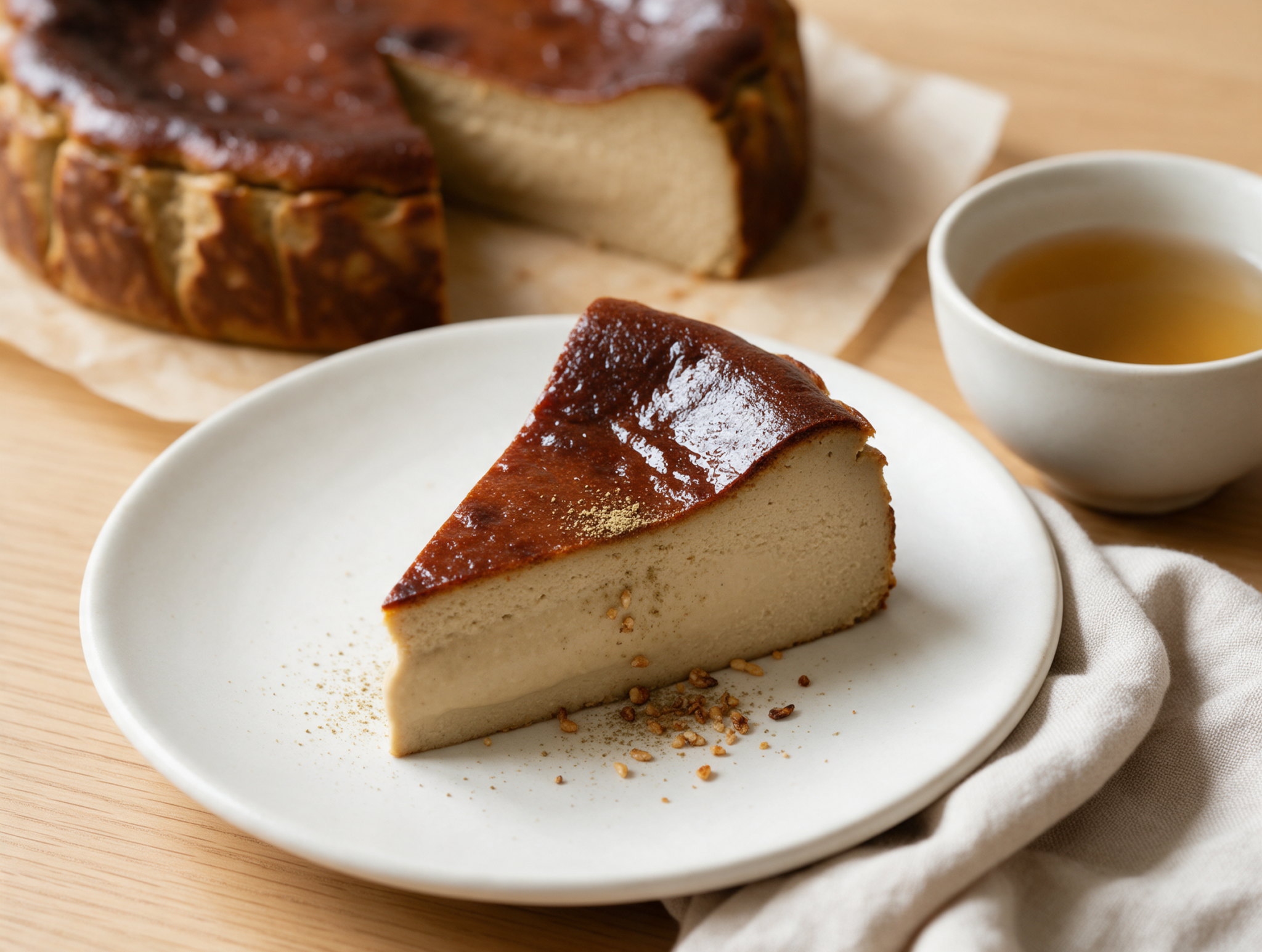 Sliced hojicha burnt cheesecake on a white plate, dark caramelized top and pale custard center, soft window light