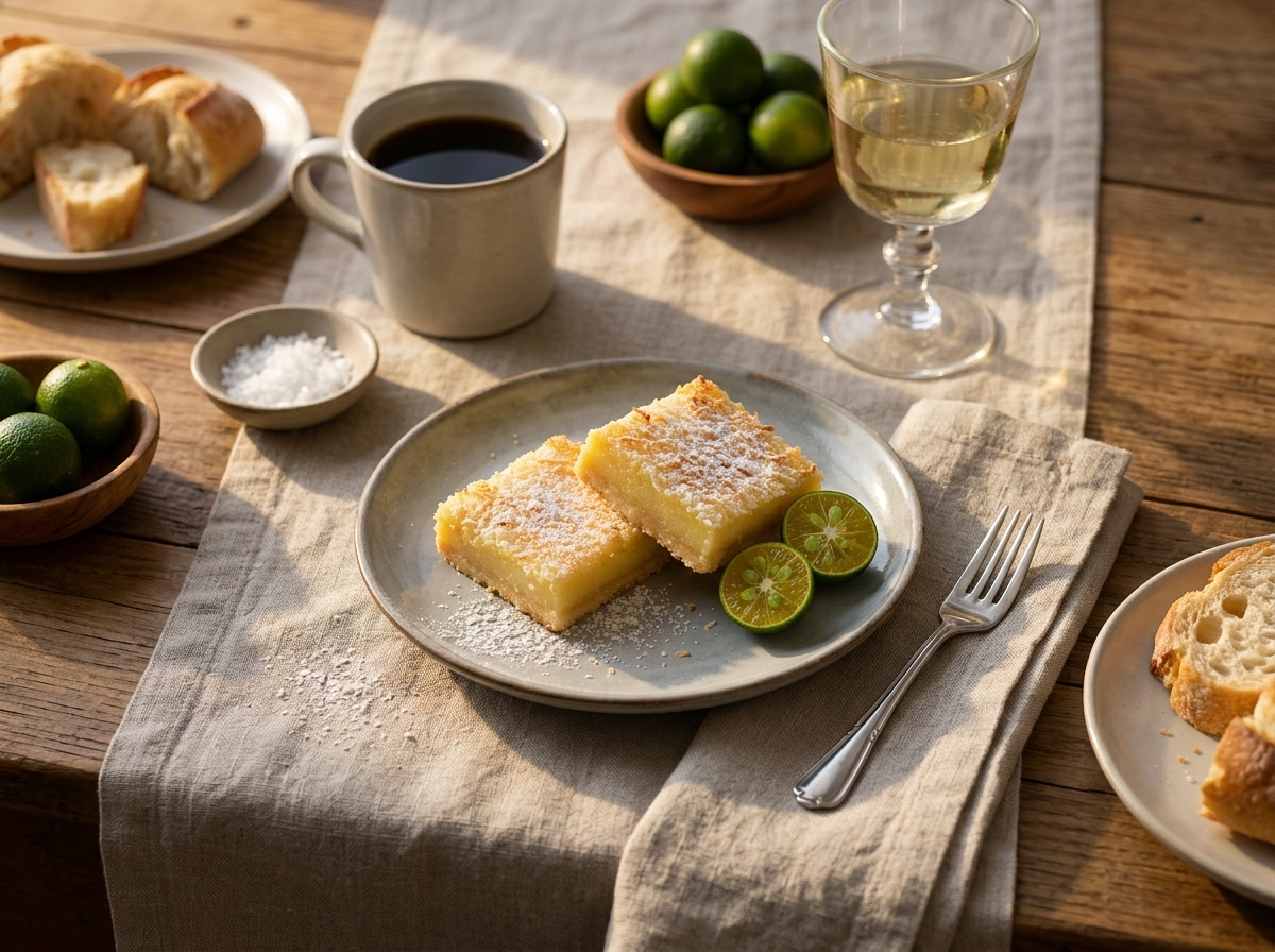 Two bars on a ceramic plate beside black coffee and whole calamansi on a sunlit wooden table