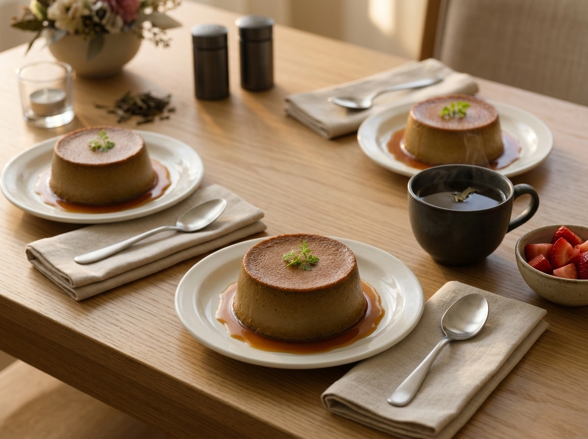 Two custards on a wooden table beside a cup of hot hojicha, linen napkins and spoons ready for dessert