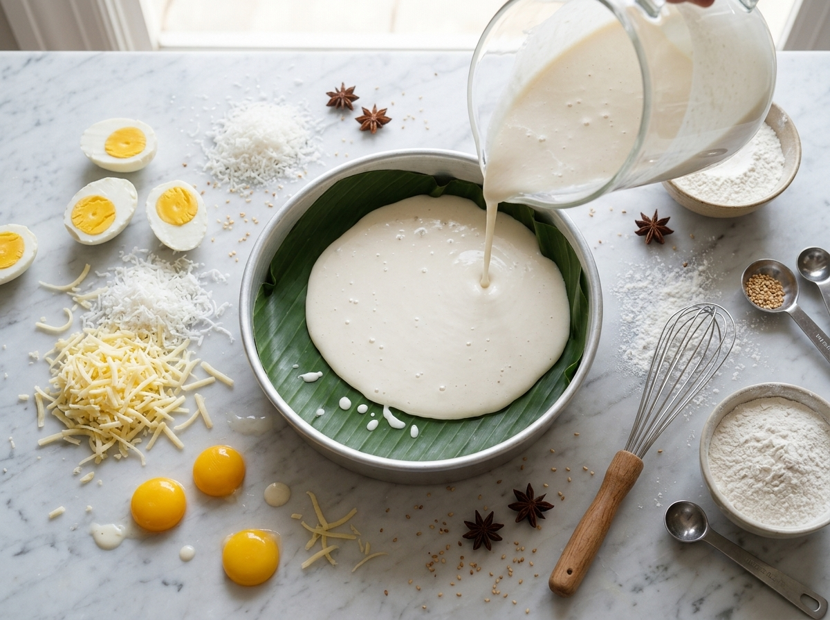 Thin coconut batter poured into a banana leaf-lined round pan beside a whisk and bowl of rice flour