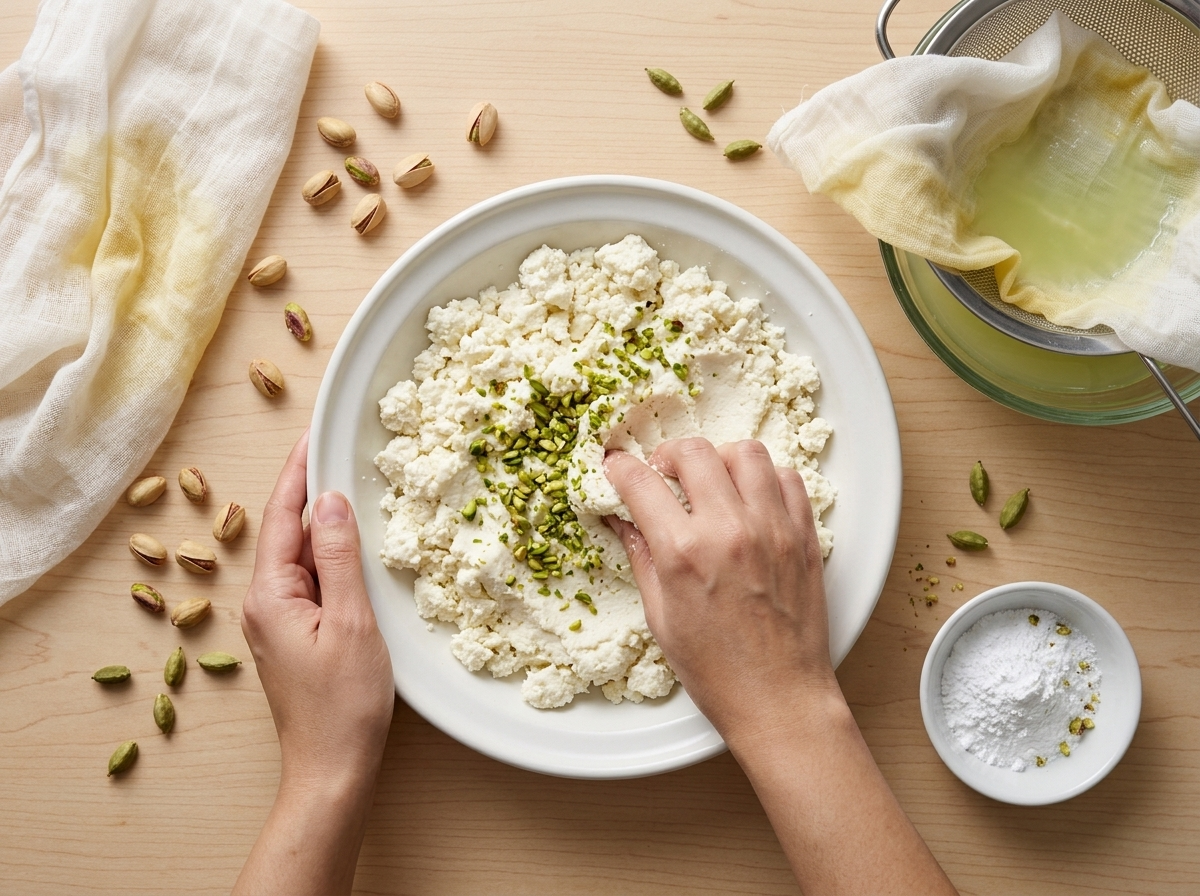 Hands kneading crumbly white chhena on a wide plate beside a muslin cloth and a bowl of pale whey