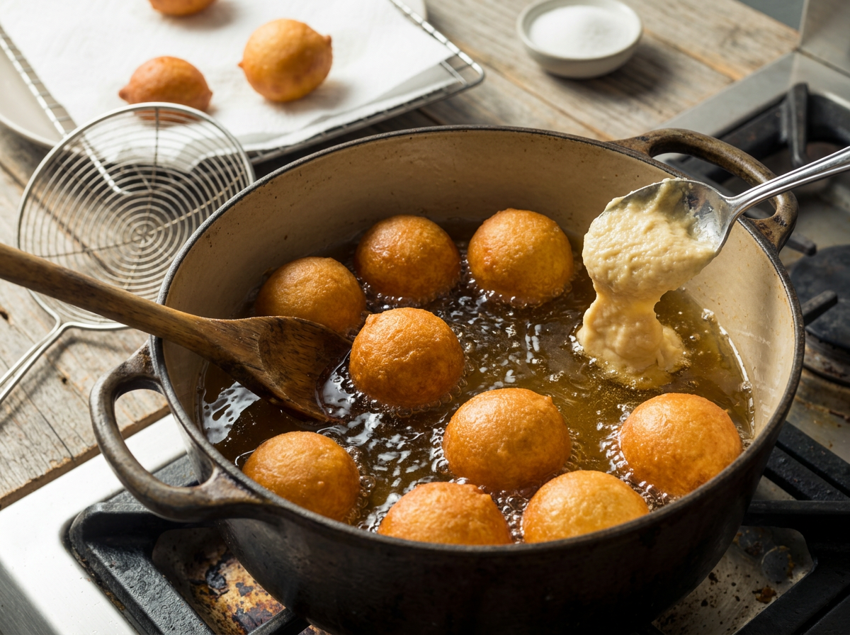 Spoonfuls of risen batter dropping into hot oil in a pot, with puffed golden balls rolling over