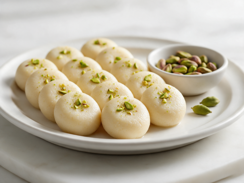 Ivory sandesh discs topped with chopped pistachio on a white ceramic plate, soft window light on marble