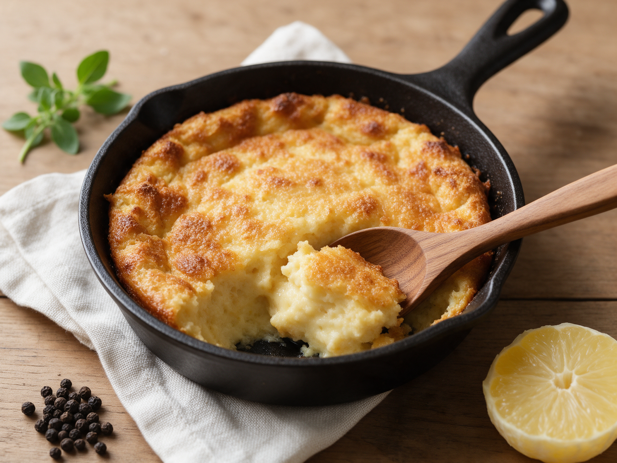 Cast iron skillet of golden bread pudding with crisp edges and a spoonful lifted out