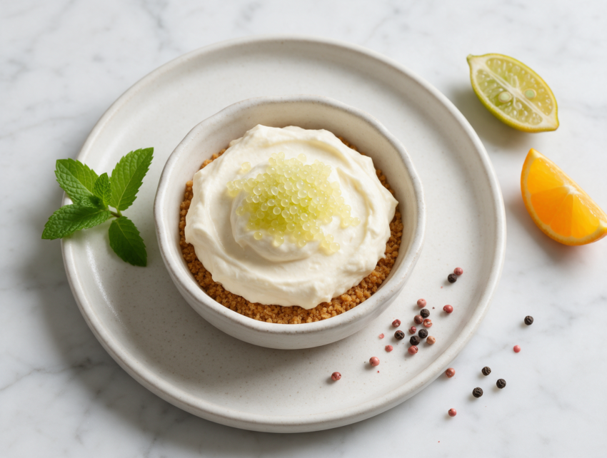 Three glass cups of cheesecake with green citrus pearls on top, beside a halved finger lime on white marble