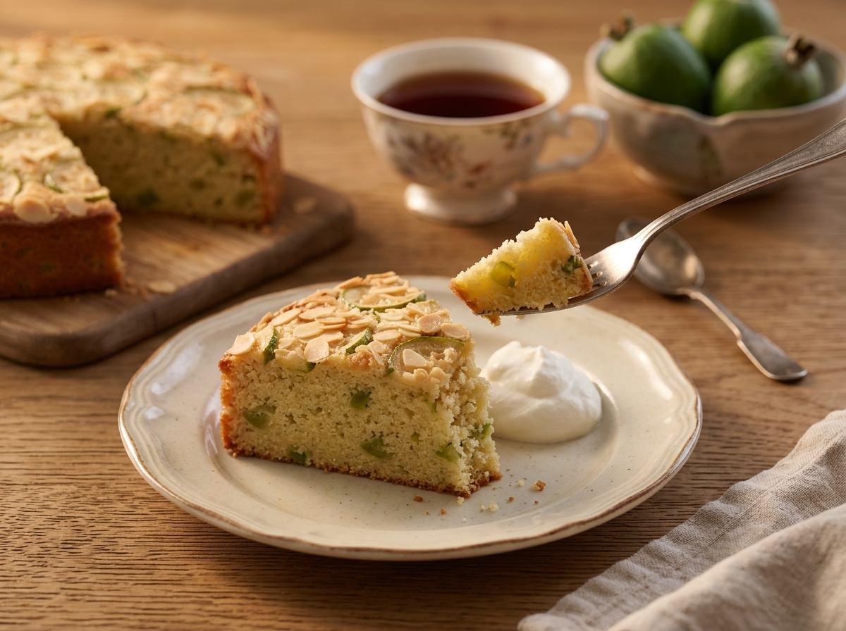 Cake slice with whipped cream and a cup of black tea on a linen napkin at a sunlit kitchen table
