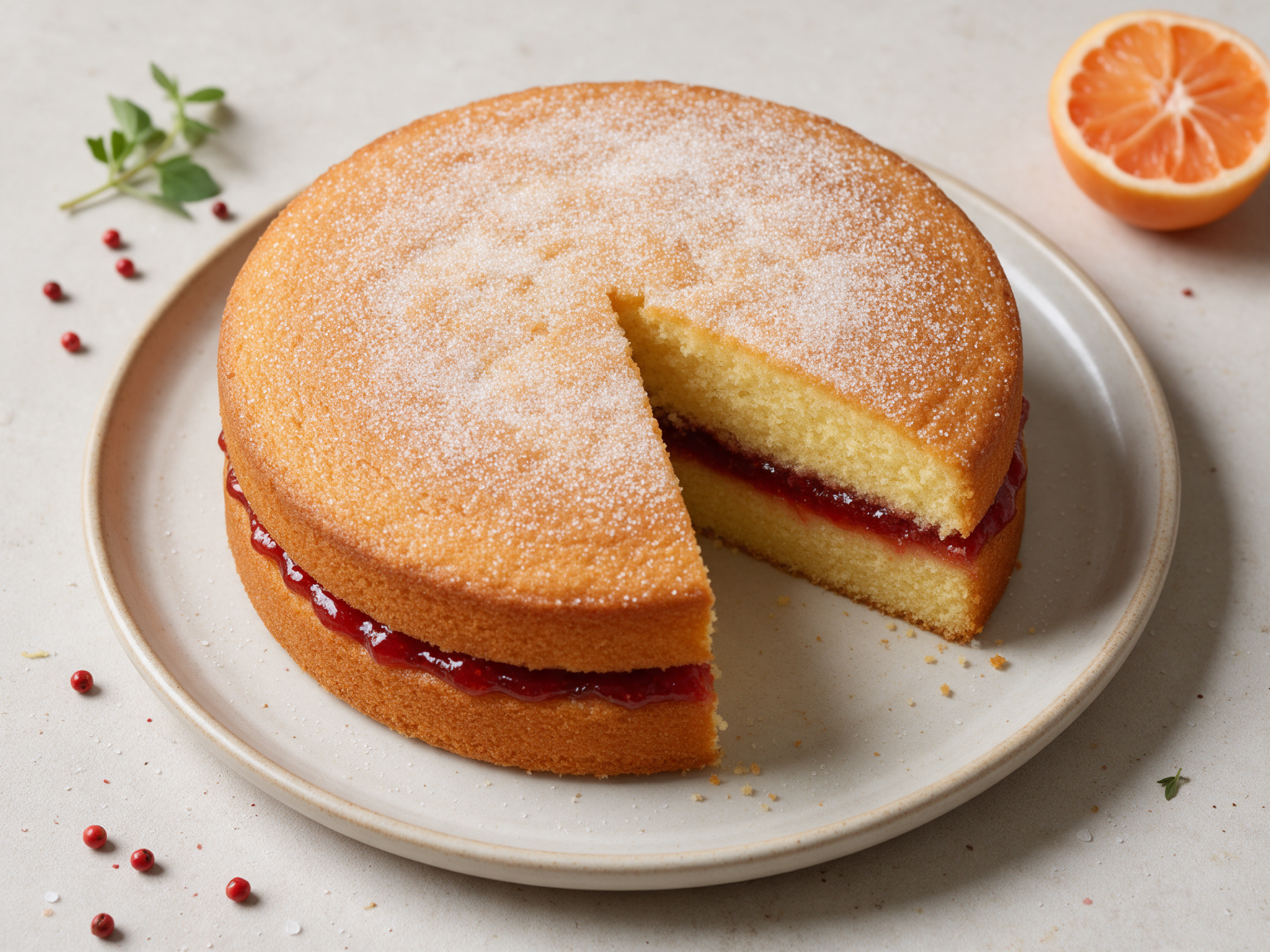 Two-layer sponge cake dusted with sugar with a cut slice showing red jam filling