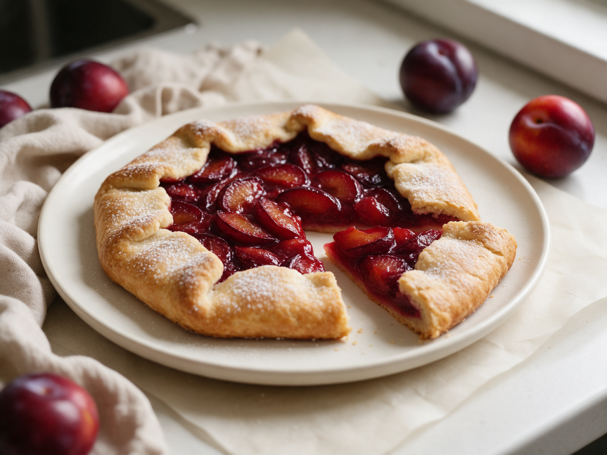 Free-form plum galette with a folded golden crust and glossy plum filling on parchment