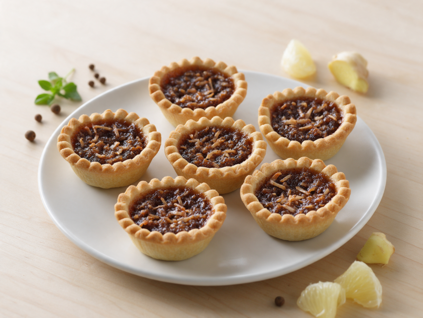 Six golden pinched Jamaican gizzada tarts with dark spiced coconut filling on a white plate, soft window light