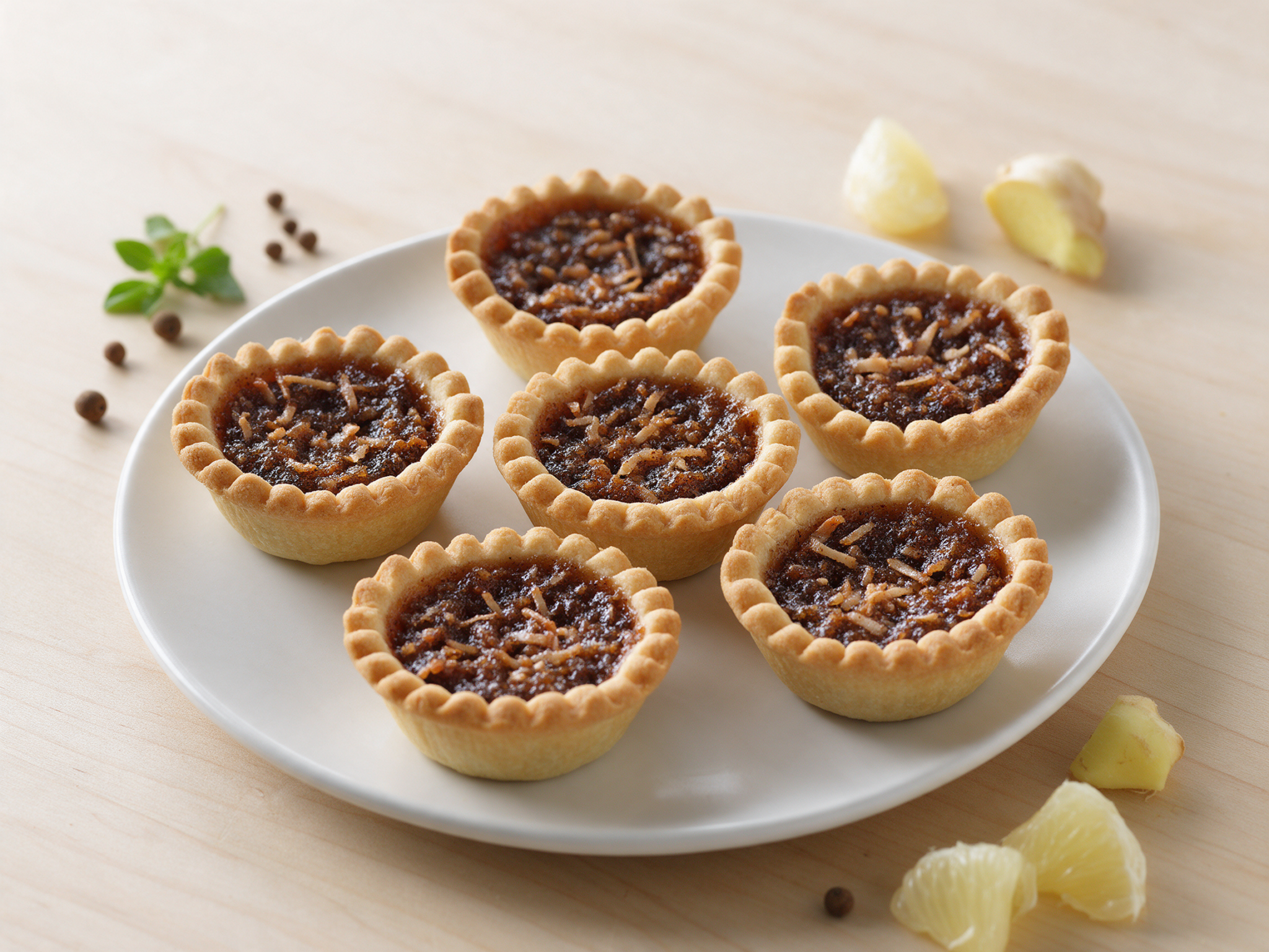 Six golden pinched Jamaican gizzada tarts with dark spiced coconut filling on a white plate, soft window light