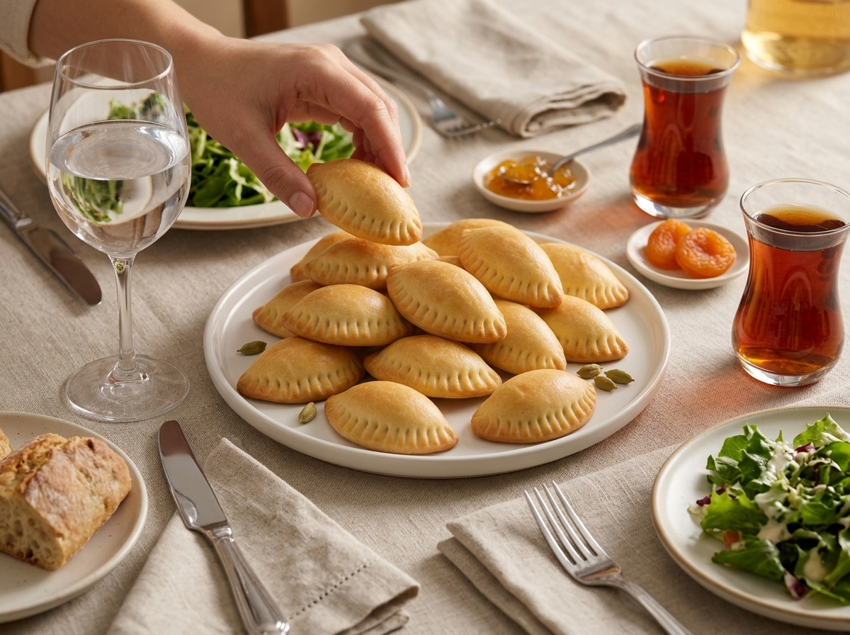 Plate of shekerbura next to pear-shaped glasses of black tea at a sunlit Novruz tea table with jam