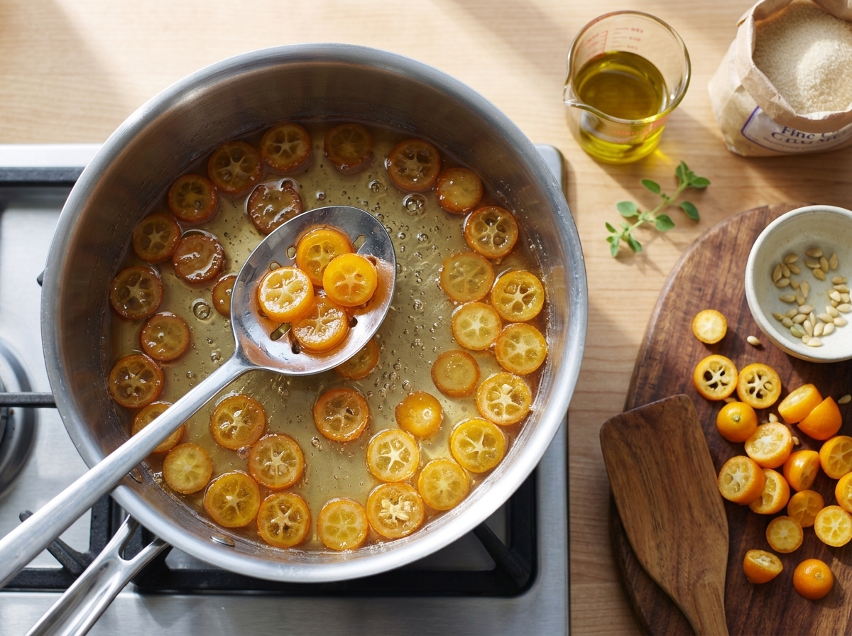 Thin kumquat rings simmering in clear syrup in a saucepan while a slotted spoon lifts a few out