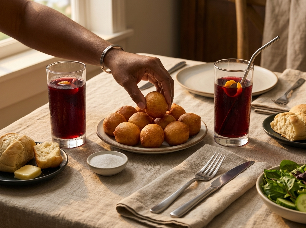 Friends sharing a plate of warm puff puff beside glasses of red zobo on a linen-covered table