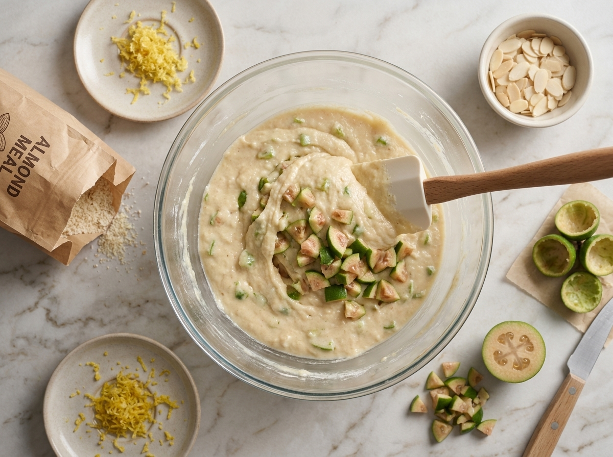 Spatula folding chopped feijoa pieces into pale almond cake batter in a large glass bowl