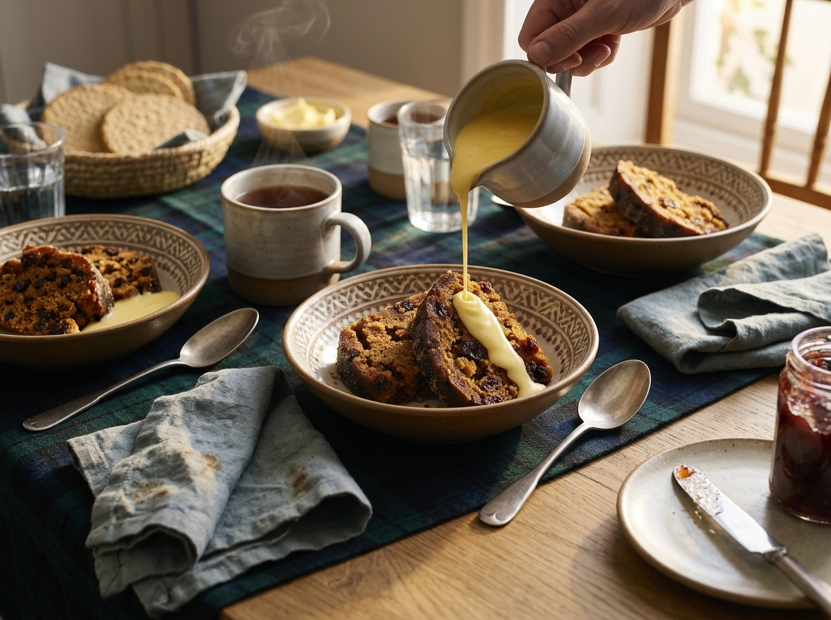 Family at a kitchen table pouring yellow custard over warm slices, with mugs of tea and spoons nearby