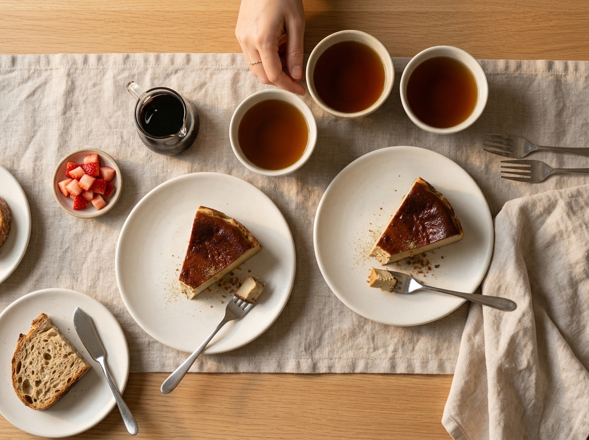 Two friends sharing wedges of cake with hojicha lattes at a linen-covered table in warm afternoon light
