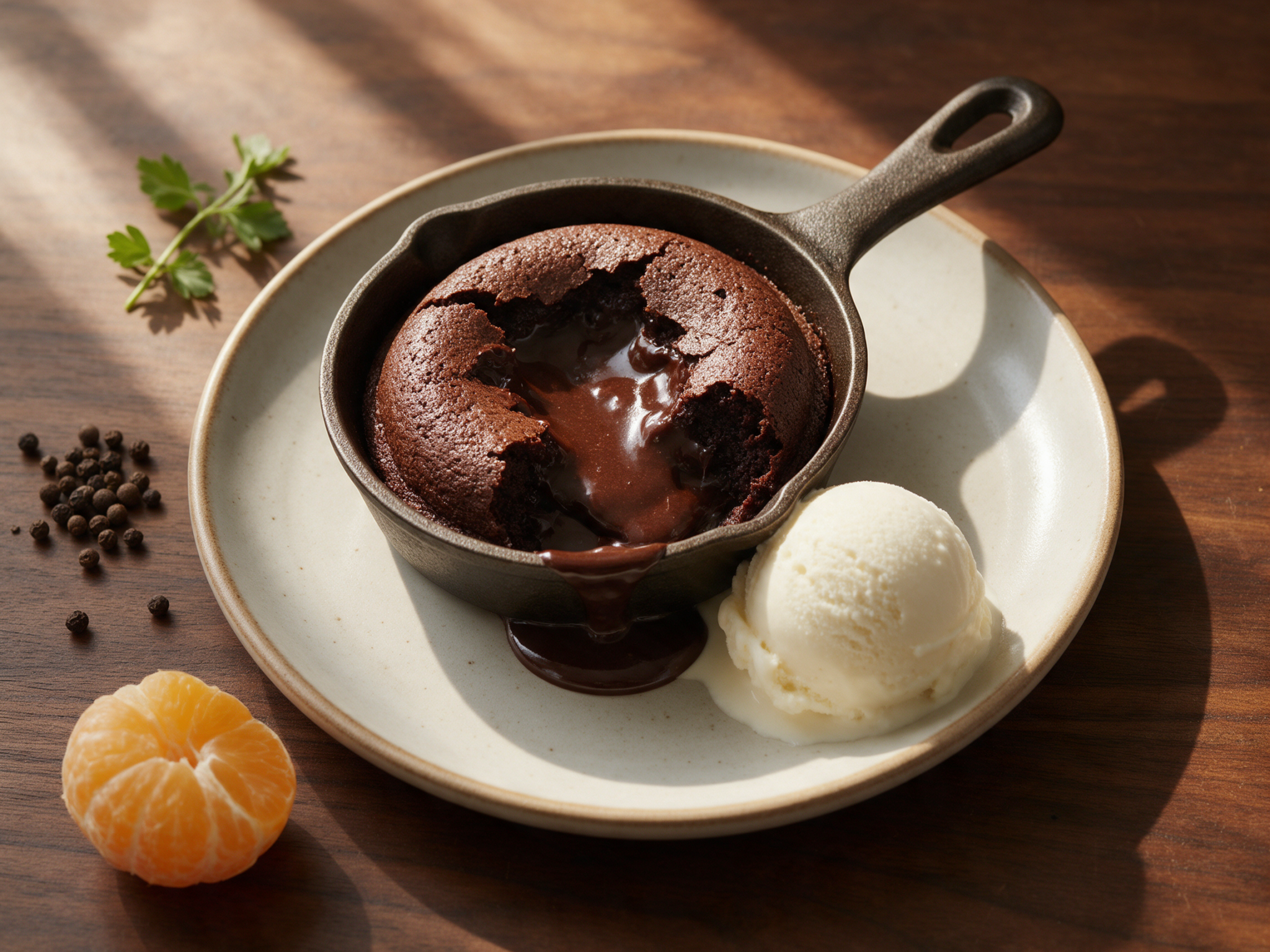 Skillet chocolate cake with a spoon breaking the top and gooey chocolate flowing out