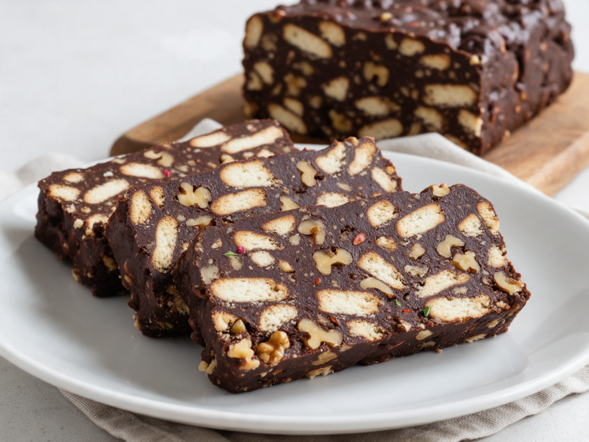 Thick slices of chocolate biscuit cake showing walnut and biscuit chunks on a white plate, wooden board behind