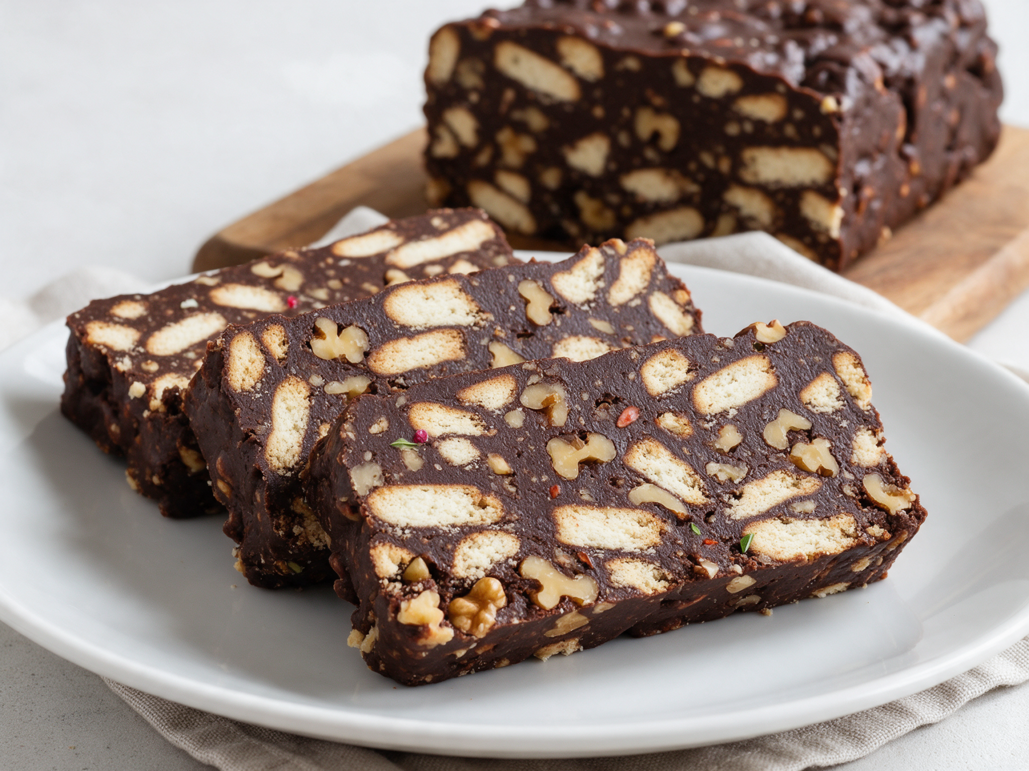 Thick slices of chocolate biscuit cake showing walnut and biscuit chunks on a white plate, wooden board behind