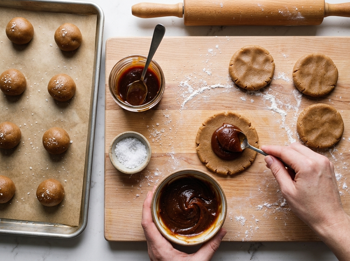 Hands pressing a spoonful of dark tamarind caramel into a flattened disk of brown-sugar cookie dough