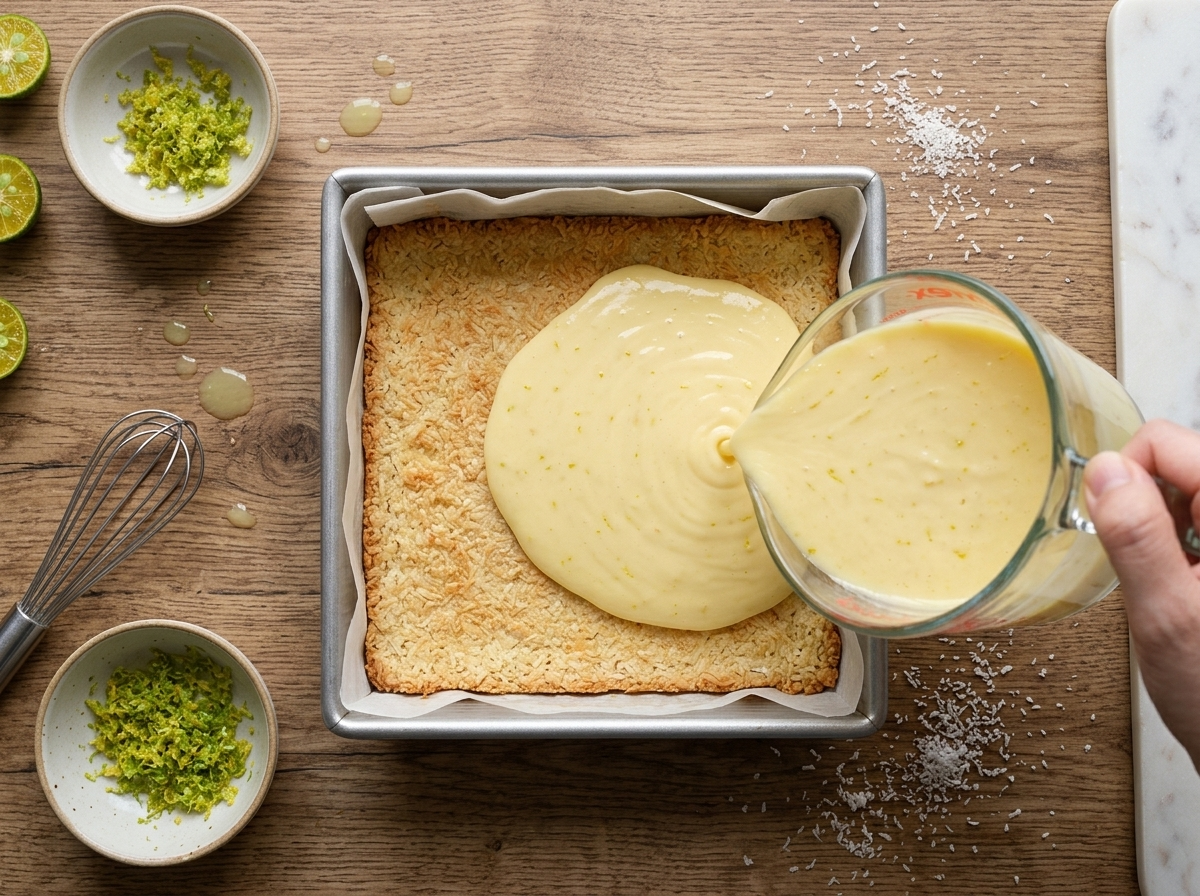 Pale calamansi custard poured over a golden coconut shortbread crust in a parchment-lined square pan