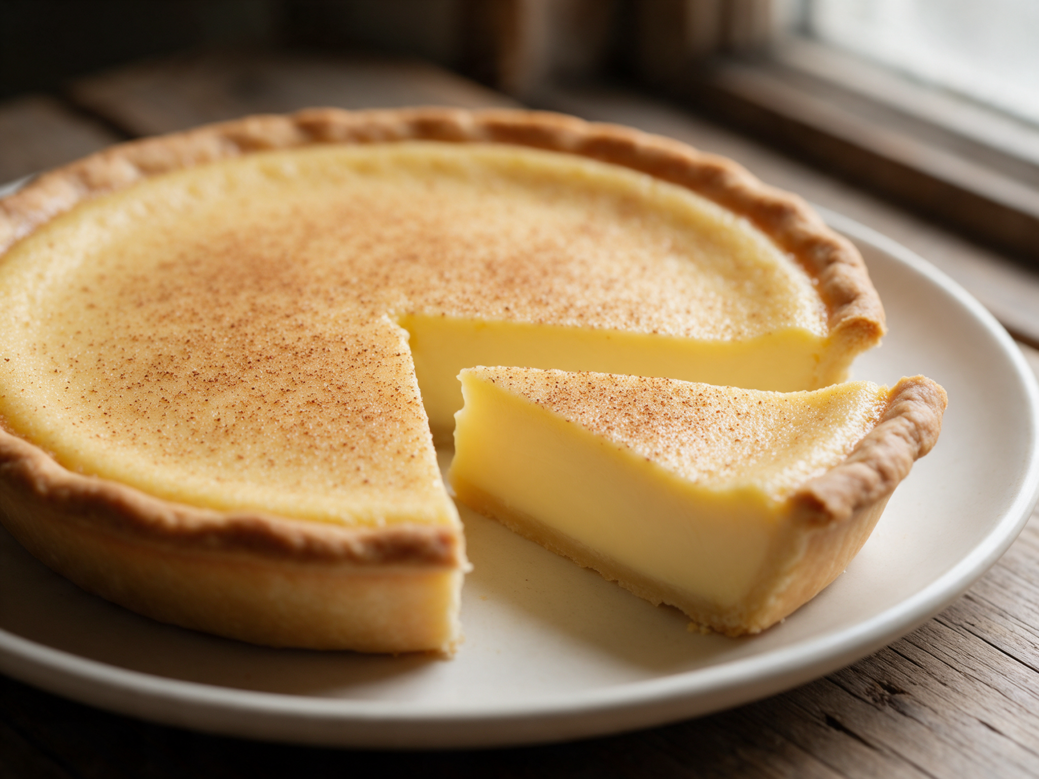 Slice of silky baked custard pie with nutmeg top and buttery crust on a plate