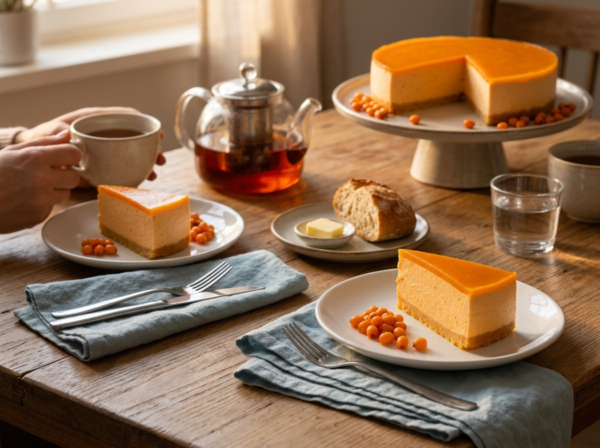 Two friends at a wooden table sharing cake slices with cups of black tea in warm afternoon light